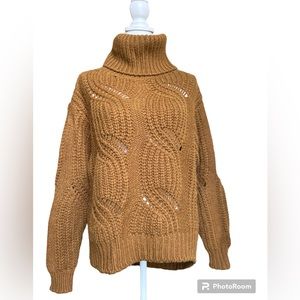 Allison Joy medium dark tan cable knit turtleneck sweater.